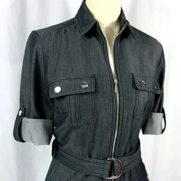 Sharagano Petite Zip Front Belted Pockets Chambray Shirtwaist Dress 4P 70s Style - Picture 2 of 11